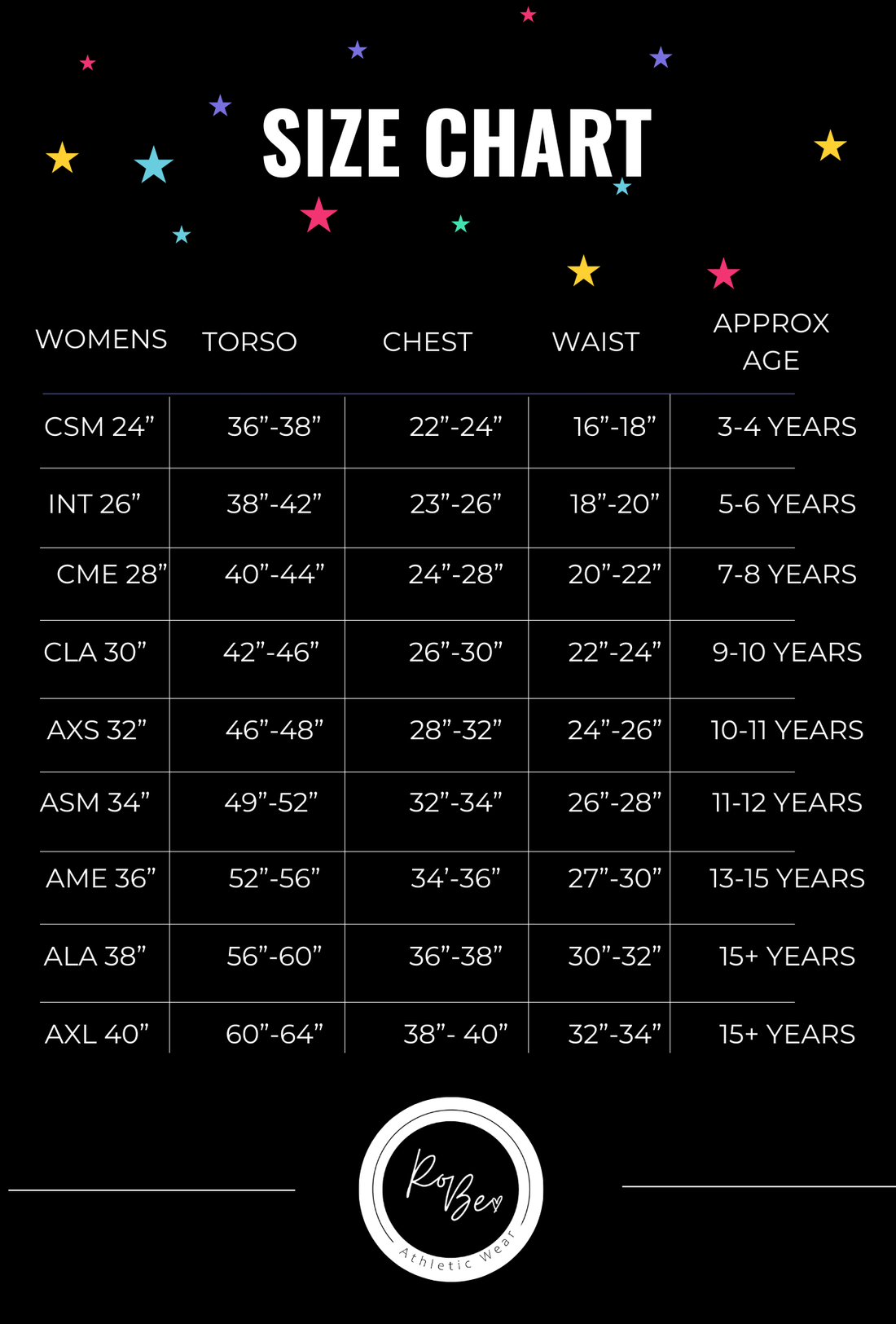 Gymnastics Leotard Size Chart for Girls RoBe Athletic Wear