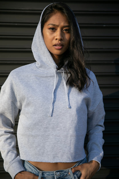 Heather Gray Woman's Lightweight Crop Hoodie- NAME LOGO DOWN ARM